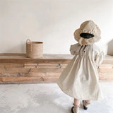 MQTIME  -  Summer Korean Style Baby Girls Cotton Dresses Puff Sleeve Solid Color Kids Robe Children Casual Dress