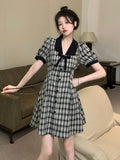 MQTIME  -  2024 Summer New Fashionable French Slimming Large Bow Bubble Sleeves Black and White Plaid Dress V-neck Short Skirt for women