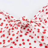 MQTIME  -  French Style Retro White With Red Fruit Print Bow Lacing Up Sling Dress Slim Waist Ruched  A line Midi Long Dresses Robe
