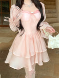 MQTIME  -  Fairy Sweet Bow Long Sleeve Dress Kawaii Grunge Lantern  Dresses Korean Y2k Aesthetic Ball Gown Square Collar Robe Women