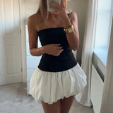 MQTIME  -  Women's Elegant Sexy Summer Strapless Solid Color Low Waist Puff Bubble Party Club Short Mini Dress Beach Streetwear