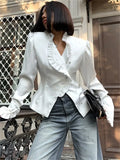 MQTIME  -  Fall Outfits 2024 White Ruffled Vintage Shirts For Women Patchwork V-Neck Long Sleeve Autumn 2024 Elegant Streetwear Female Cardigan Blouses