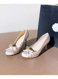 MQTIME  -  French Fairy Style Satin High Heels Female New Round Head Shallow Mouth Bow Single Shoes Female