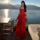 MQTIME  -  Red Dress Women Summer 2024 New Beach Vacation Beach Skirt, Elegant, Fashionable, Sexy Sling Long Dress with Layered Ruffle Edge