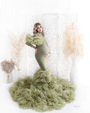  MQTIME  -  Modest Olive Green Mermaid Maternity Dress Layered Tulle Train Long Sleeves Maternity Dresses Photoshoot Babyshower Dress Custom