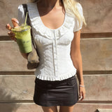 MQTIME  -  Basic Summer Solid U Neck Short Sleeve Single Breasted American College Girls Slim Top Female