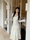 MQTIME  -  Spring Elegant Knitted Dress Women Lace Patchwork Koeran Princess Midi Dress Female Casual Sweet Even Party Fairy Dress