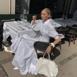  MQTIME  -  Spring Pleated Single-breasted Shirt Skirt New Lapel Long-sleeved High-waisted Temperament White Dress