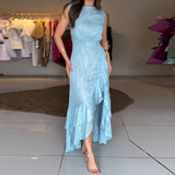 MQTIME  -  Summer Fashion Sequins Evening Dresses Elegant O-neck Split Ruffle Long Dress Women Casual Sleeveless Slim Fit Party Dress