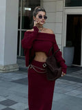 MQTIME  -  Women Burgundy Knit Long Skirt Sets Elegant Slash Neck Full Lantern Sleeve Top Maxi Skirts Outfit 2024 Autumn New Two Piece Set