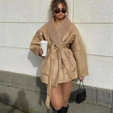 MQTIME  -  Fashion Retro Leather Women's Coat Winter Warm Windproof Plush Lining Coats with Belt Women Solid Turndown Collar Outerwears