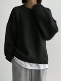 MQTIME  -  Womens Oversized Crewneck Knit Pullover 90s Normcore Tomboy Aesthetic Long Sleeve Chunky Sweater Top Solid Basic Coal Midnight Onyx Black Drop Shoulder Wide Ribbed Cuffs Hem Slouchy Baggy Silhouette For Fall Winter