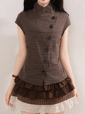  MQTIME  -  Vintage Preppy Stand Neck Short Sleeve Single Breasted Plaid Y2k Women Shirt