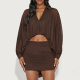  MQTIME  -  See Through Mesh 2 Piece Set Women Turn Down Collar Long Sleeve Asymmetrical Bubble Shirt Crop Tops + Bodycon Mini Skirts Suits