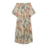 MQTIME  -  European and American style women's one neck off shoulder short sleeved ramie print dress long skirt