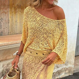 MQTIME  -  New Hollow Out Knitted O Neck Sunscreen Tops Casual Solid Color Long Sleeve Loose Pullovers Spring Summer New See-through Blouse