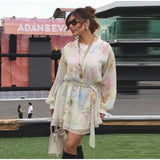  MQTIME  -  Fashion Printed Patchwork Short Dresses Women Elegant Long Sleeve Hollow High Waist Belt Mini Dress Lady Summer Chic Caual Robe
