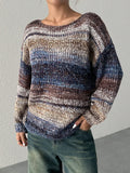 MQTIME  -  Womens Scoop Neck Knit Pullover Indie Sleaze Boho Nostalgia Aesthetic Long Sleeve Jumper Top Variegated Horizontal Striped Indigo Blue Rust Camel Sand Fuzzy Mohair Blend Dropped Shoulder Slouchy Relaxed Drape For A