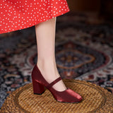 MQTIME  -  Vintage Pearl Buckle Thick-Heeled Silk Satin High Heels Mary Jane Shoes for Women Chunky Heels Pumps Woman Shoes Fat Wide Feet