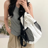  MQTIME  -  Preppy Korean Nylon Drawstring Backpack Minimalist Large Capacity Lightweight Travel Fitness Bag, Niche Multiple Pockets Daypack