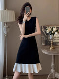 MQTIME  -  Spring New Women's Dress Black White Color Blocking Sleeveless Knit Dress Casual Round Neck Slim Fit A-line Skirt