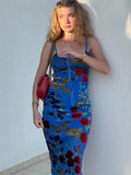  MQTIME  -  Dress Women Printed Spaghetti Strap Maxi Dresses Women Drawstring Neck Slim Fit Bodycon Casual Summer Beach Party Streetwears