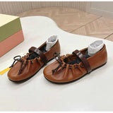 MQTIME  -  Ins style Fashion Pleated Bowknot Ruffle Women Ballet Flats Spring Summer Soft Leather Mary Janes Walking Loafers Casual Shoes
