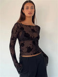 MQTIME  -  Sheer Mesh Patchwork Velvet Florals Crop Top Women Crew Neck Long Sleeved Slim T-shirt Hottie Autumn 2024 Streetwear