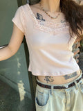 MQTIME  -  Low Saturation Lace Trim Design ort Sve T-irt Retro Korean Sle Commute Sle Summer Collection Slimming ort Length