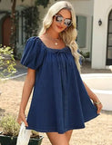 MQTIME  -  Summer New Fashion Square Neck Women Bubble Sleeve Dress Simple Strap Up Elegant Female Denim Short Dresses
