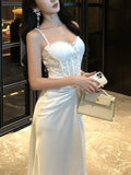 MQTIME  -  Lace Strapless Long Dress Women Sleeveless Camisole French Elegant Dress Solid A Line Dinner Night Fashion Simple Vestidos New