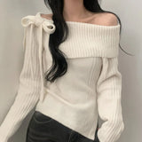 MQTIME  -  French Fashion Women Turn Down Slash Neck Long Sleeve Pullover Harajuku Y2k Korean Sweet Knitted Sweater High Street Jumper