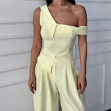  MQTIME  -  Summer Women's Fashion Irregular Slant Neck Sleeveless Style Solid Color Wide Leg Pants Set