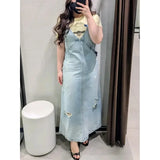  MQTIME  -  Vintage Women's Denim Halter Dress Sleeveless Perforated V-Neck Long Summer Dress for Ladies Holiday Fashion