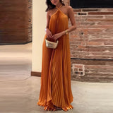 MQTIME  -  Sexy Halter Lace-up Backless Evening Dress Womens Spring Solid Rib Pleated Long Dress Summer Sleeveless Hollow Boho Maxi Dresses