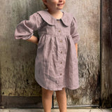 MQTIME  -  Retro Linen Doll Collar Girls Dress New Spring And Summer Chic Wooden Buttons Long-Sleeved  A-Line Dress Linen Kids Clothes