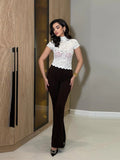 MQTIME  -  Chic Lace See Through Short Shirt Women Elegant Solid High Collar Short-sleeved Slim Cropped Top Lady Evening Party Blouse
