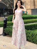 MQTIME  -  Elegant Princess Fairy Strap Print Dress for Women Summer Vintage Pearl Beading Sweet Midi Dresses Female Beach Evening Clothes