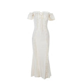  MQTIME  -  New Retro One-word Shoulder Suspender Skirt Sexy Pure Desire Wind Lace-up Lace Dress