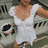 MQTIME  -  French Style White Lace Trim Short Sleeve Dress 2025 Summer A Line Bow Tie Casual Mini Dress