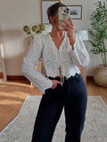 MQTIME  -  Embroidered Hollow Out Shirt Top Flower Ruffle Pleated Lace Up Bow V-Neck Cardigan Sexy Loose Long Sleeved Women Short Blouse