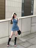 MQTIME  -  Summer New One Shoulder Bodycon Denim Mini Dress Women Sleeveless Backless Slim Vestidos Female Elastic Cowboy Clothing