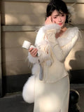  MQTIME  -  France Elegant Slim Two Piece Sets Long Sleeve Fur Collar Tops + Sweet Skirts Women Autumn Winter Fashion Design Outfits