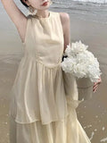 MQTIME  -  Casual Women's Pleated Cake Sundress Summer Vacation New Beige Sleeveless Temperament Elegant Round Neck Fashion Vest Dresses