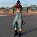 MQTIME  -  2024Women's Vintage Denim Half Skirt Women's New High Waist Wrapped Hip Slim A-line Skirt Mid length Skirt