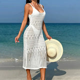 MQTIME  -  Coolgirlslook Sexy Crochet Knit Dress Women Spaghetti Strap Sheer Openwork Midi Beach Vacation Cover Up Hottie Vestidos