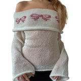 MQTIME  -  Women's Y2K Cute Off Shoulder Sweaters Chest Folding Slash Neck Flare Long Sleeve Slim Fit Knitted See-through Tops