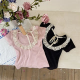 MQTIME  -  Girls' T-shirt backless lace short sleeved Top Summer Children's cotton all-match casual Tees