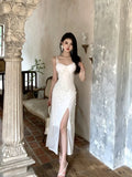MQTIME  -  Elegant Sheer Mesh Sexy Maxi Dress For Women White See Through Spaghetti Strap Sleeveless Thigh High Split Long Dress