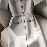 MQTIME  -  Elegant Women Formal Party Midi Dress Summer New Fashion Short Sleeve Single Breasted Office Lady A-Line Dresses with Belt 305B